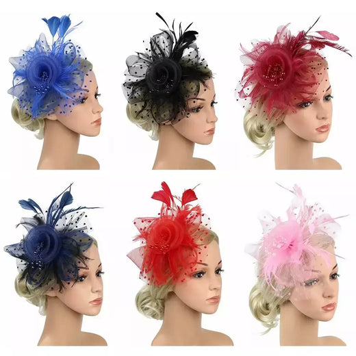 Chapéu Fascinator para Mulheres, Tea Party Headband, Coquetel De Casamento Malha, Penas De Flores, Grampo De Cabelo