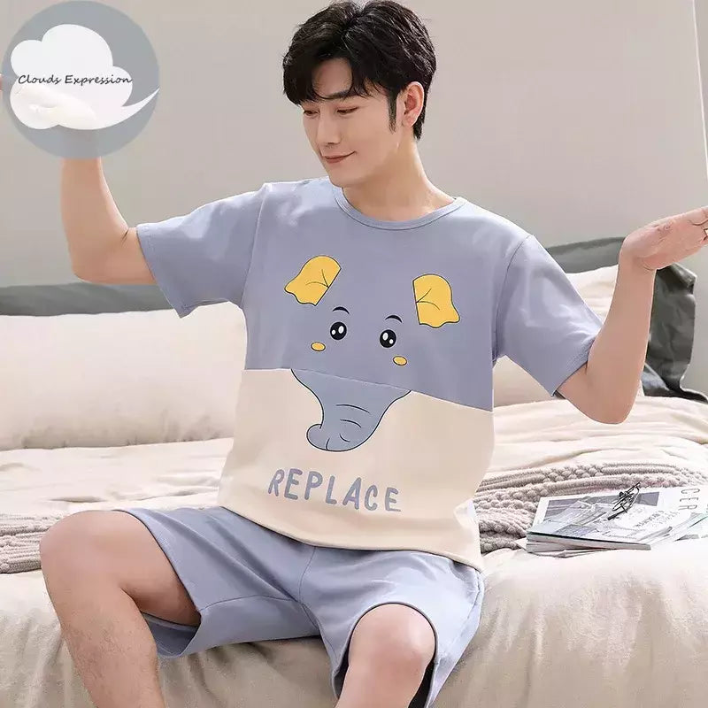 Desenhos animados pato impressão pijama conjuntos para jovens amantes, pijamas de algodão, ternos curtos para casais, moda homewear, verão, 4XL