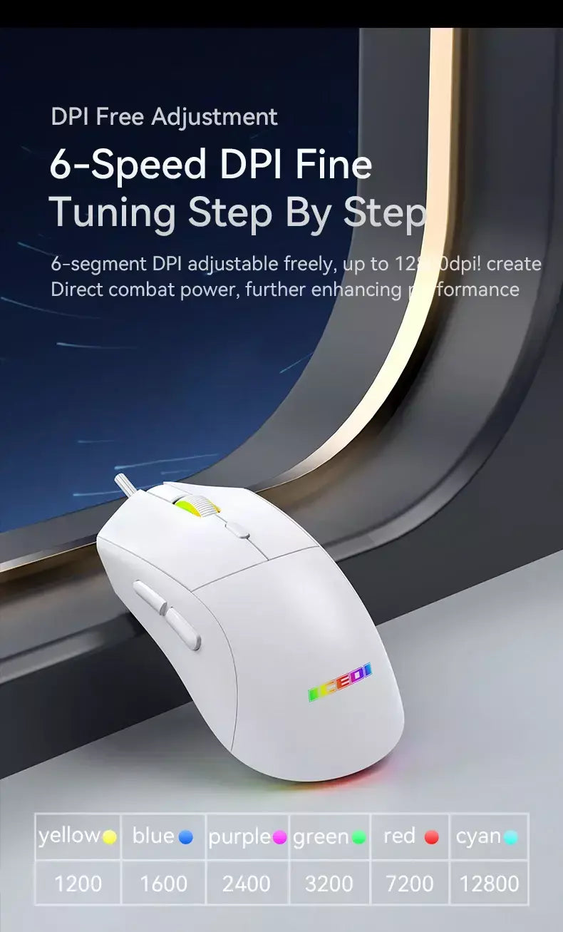 Mouse para jogos com fio ICEDI GM501, 12800 DPI, taxa de pesquisa de 1000 Hz, 6 efeitos RGB, design ergonômico para controle de precisão