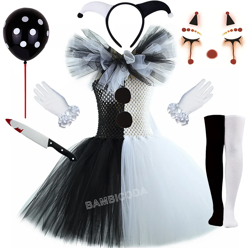 O traje de palhaço terrível arte menina preto branco fantasia tutu vestido horror coringa vestido para meninas trajes de festa de carnaval de halloween
