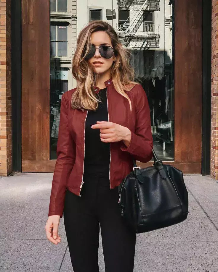 Jaqueta de couro PU feminina com zíper, casaco manga comprida, jaquetas de motociclista, slim fit, monocromática, streetwear casual, moda feminina, outono, Y2K
