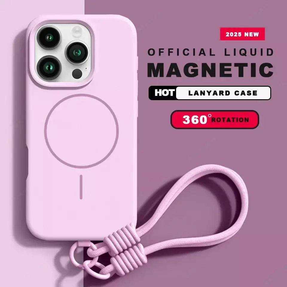 Nova capa de telefone com cordão magnético para iphone 15 14 16 plus 11 12 13 16 pro max magsafe protetor de pulseira de silicone líquido capa macia