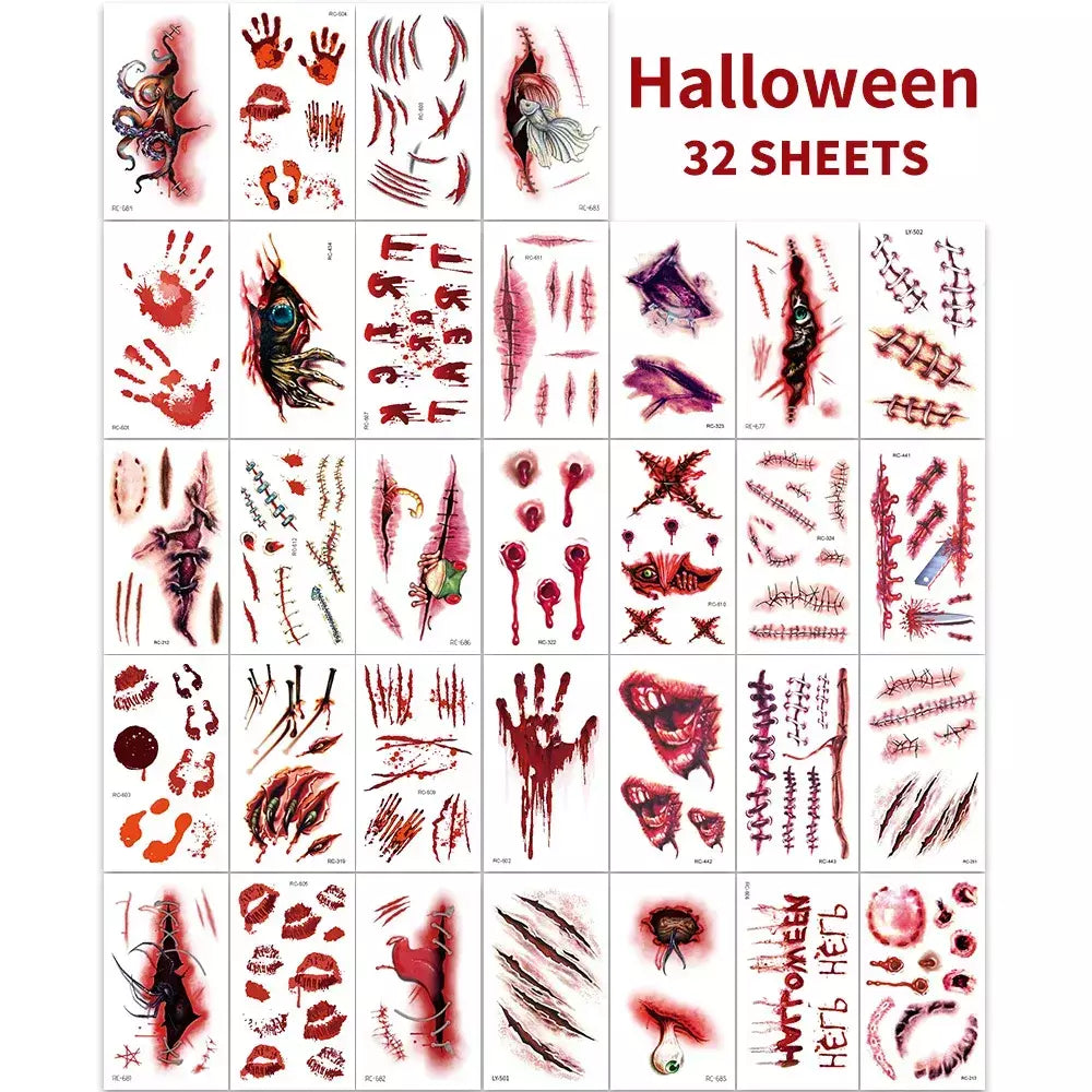 32 peças tatuagens temporárias de cicatriz falsa 3D de Halloween - designs de feridas sangrenas e zumbi para rosto/corpo, festa de fantasia, brincadeira e cosplay ?