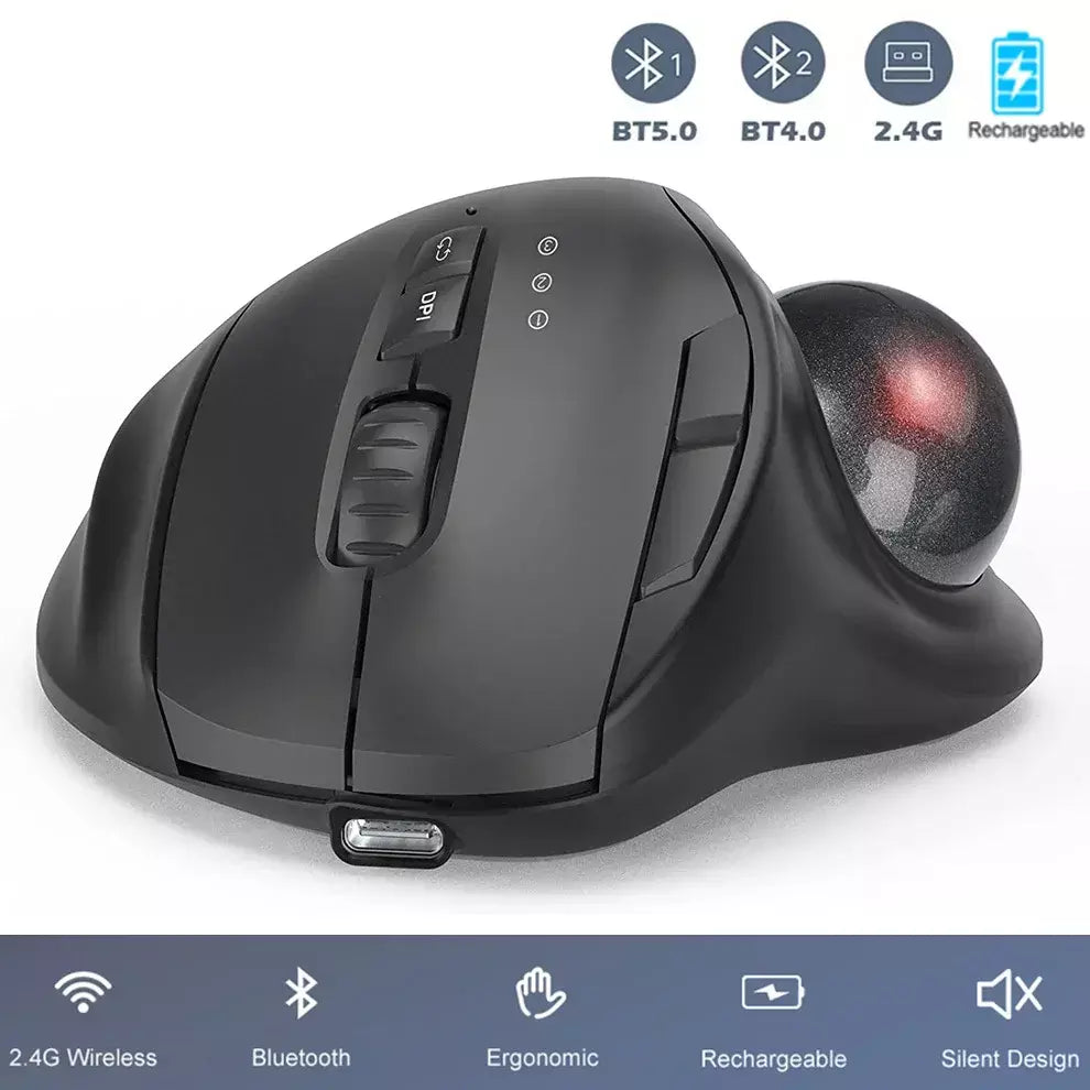 Jomaa preto 2.4g + bluetooth sem fio trackball mouse recarregável rollerball ratos ergonômicos controle de polegar mouse gaming