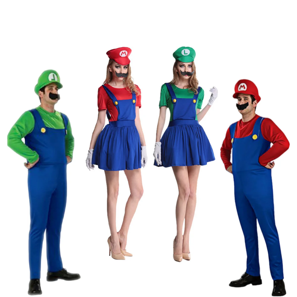 Luigi masculino disfarçado roupas de luxo para adultos super irmão roupas role-playing fantasia vestido conjunto chapéus e barba masculinos e femininos