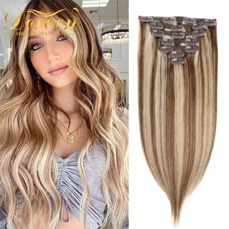 Doreen 160g 200g 240g série de volume máquina brasileira remy clipe reto em extensões de cabelo humano cabeça cheia 10 pçs 16 a 24 Polegada