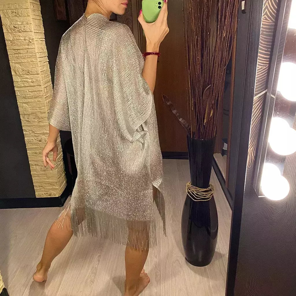 Moda borla ouro bikini cobrir sexy vestido de praia túnicas para mulheres beachwear verão cover-ups kaftan vestido de noite xales