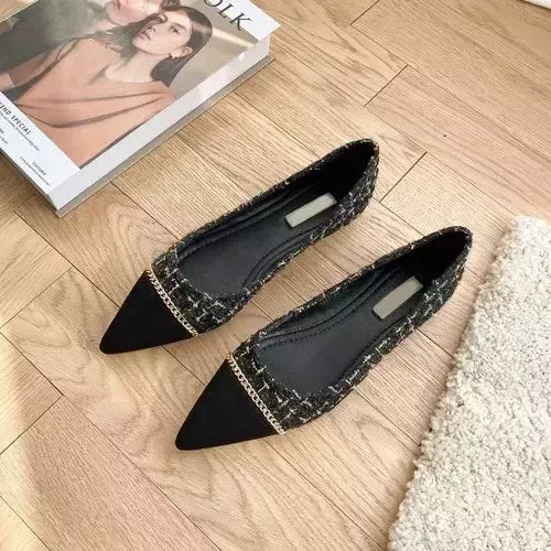 Sapato feminino de salto baixo, sapato único, boca rasa, sapatilha de salto alto, decoração de metal, novo, primavera e outono, 2024