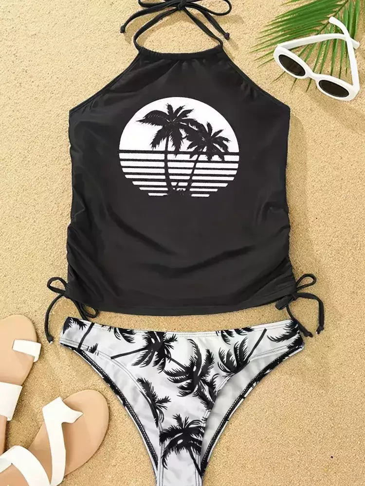 Conjunto de tankini amarrado monocromático feminino, maiô halter, maiô sexy, maiô de praia sem costas, biquíni verão, 2024