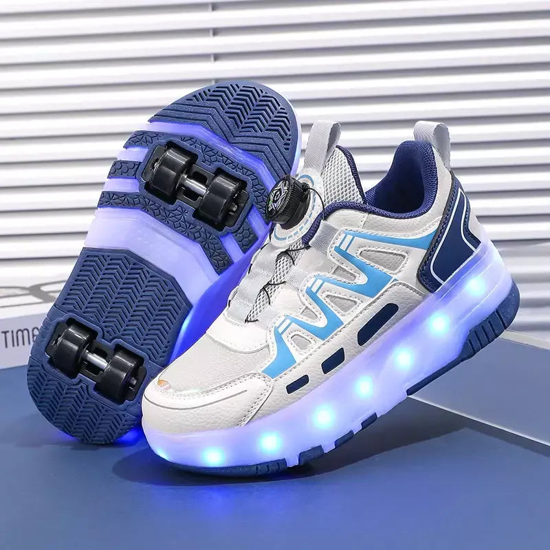 Crianças quatro rodas luminosa brilhante tênis preto rosa led luz rolo sapatos de skate crianças sapatos led meninos meninas carregamento usb