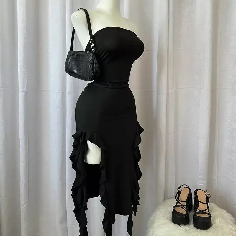 Mulheres sem alças sexy floral dobra hemline alta fenda mini vestido 2024 sólido sem costas sem mangas preto e rosa vestido de festa