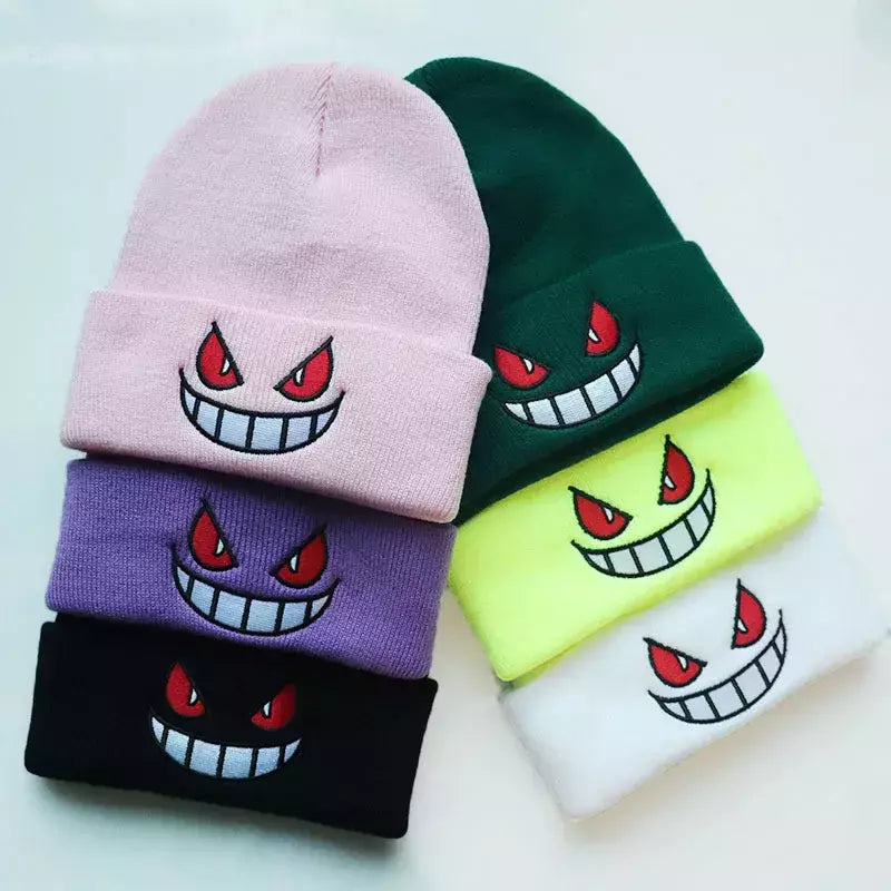 Boca olhos bordados elasticidade desenhos animados gorro inverno manter quente moda outono friso mulher masculino chapéu de malha crânio boné