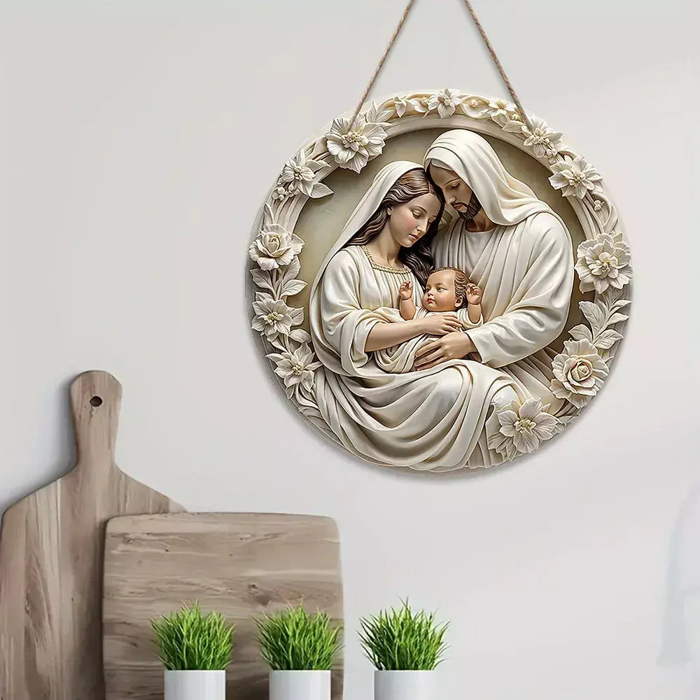 Ornamento clássico de madeira para presépio: a Sagrada Família de Maria, Jesus e Joseph, pendurado na parede, ?