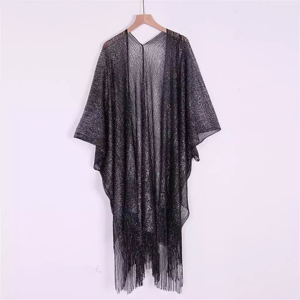 Moda borla ouro bikini cobrir sexy vestido de praia túnicas para mulheres beachwear verão cover-ups kaftan vestido de noite xales
