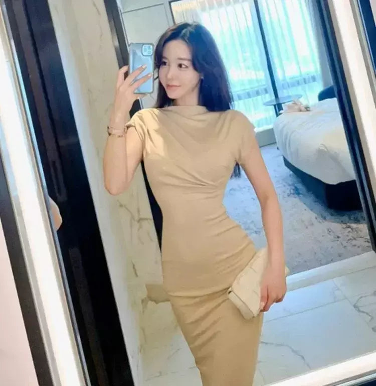 Verão novo sexy atrevido puro desejo estético fora do ombro vestido longo para as mulheres na moda fenda lateral hip cobrindo vestido