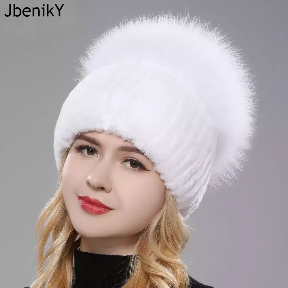 Real Genuine Fox Fur Gorros Chapéu para Mulheres, Pele de Coelho Rex Natural Boné de Caveira, Chapéus de malha para meninas, inverno, estilo russo, novo