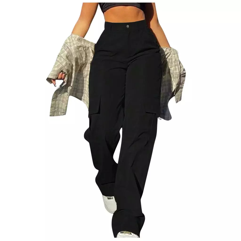 Calça de perna larga feminina, bolso com aba de rua, detalhes da fivela lateral, calças paraquedas hip hop, moda Y2K