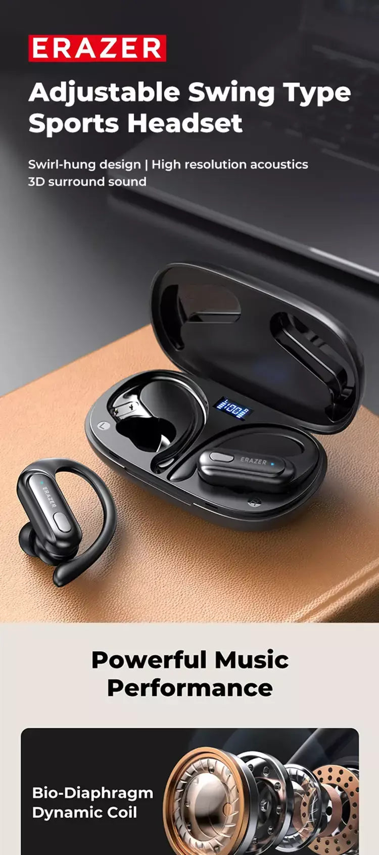 Erazer xt60pro esportes sem fio fones de ouvido bluetooth alta fidelidade redução ruído fone com microfone gancho