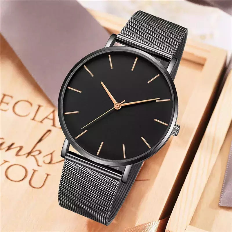 Relógio de pulso de malha de aço inoxidável feminino, feminino Fashion, Casual, Simples, Quartzo, Hora de Metal, Feminino, Preto