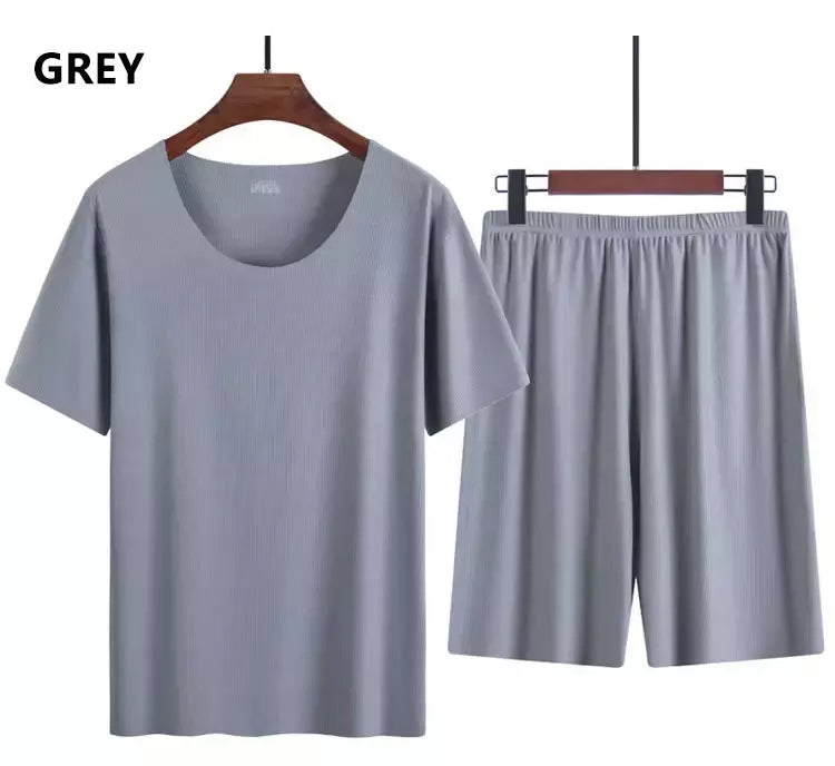 Verão pijamas masculinos terno fino gelo casa roupas traceless manga curta shorts em torno do pescoço casual roupas de verão