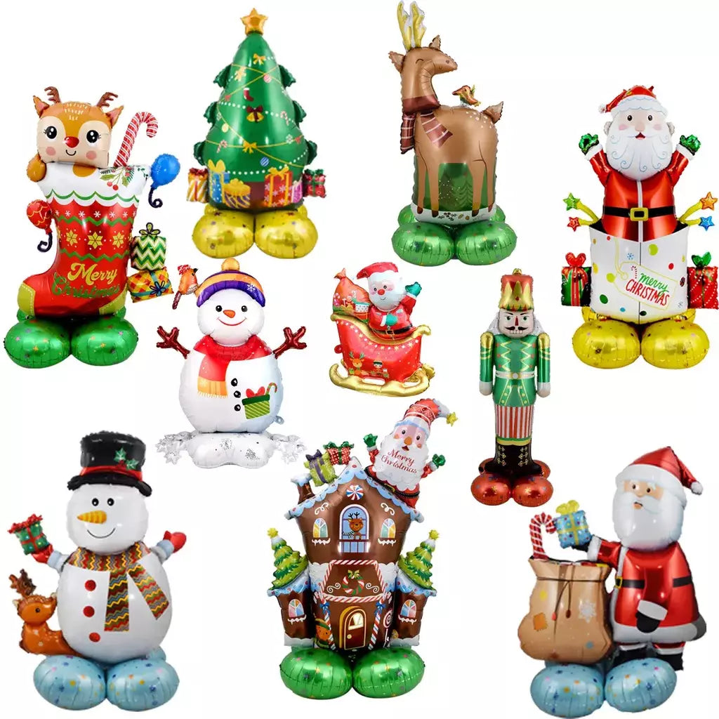 1 conjunto de balões gigantes com pedestal, tema de natal, dia das bruxas, boneco de neve, papai noel, árvore, balão de alce, decorações de natal