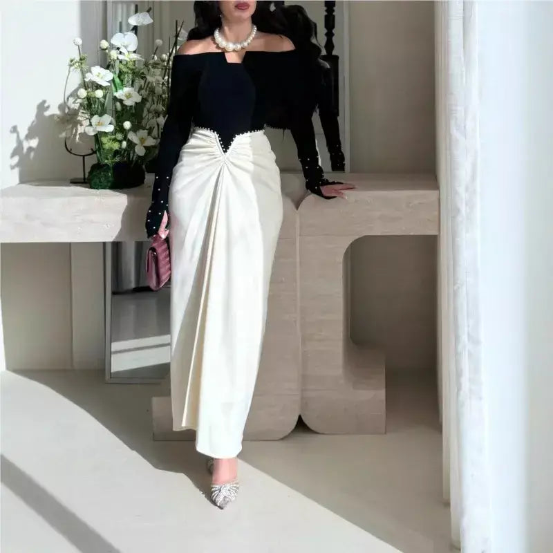 Temperamento vestido vestidos 2025 mulher vestido banquete contraste pérola retalhos pacote hip manga longa magro uma linha pescoço elegante
