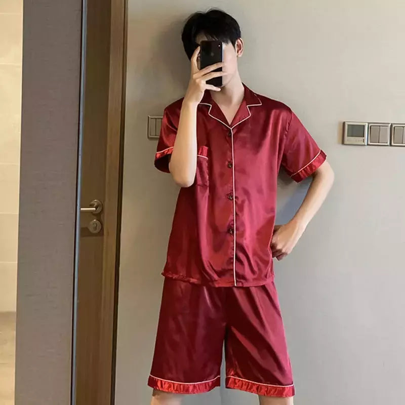 Pijama de seda gelo masculino, shorts de manga curta, roupa de manga fina, cor sólida, terno doméstico tamanho grande, várias cores disponíveis, verão