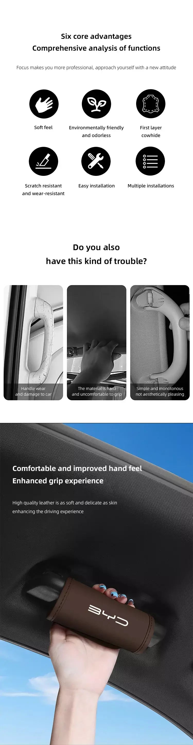 2 pçs carro anti deslizamento puxar luva interior do carro alça de couro protetor capa para byd tang s7 g3 m6 f3 atto 3 e6 qing yuan canção f3r
