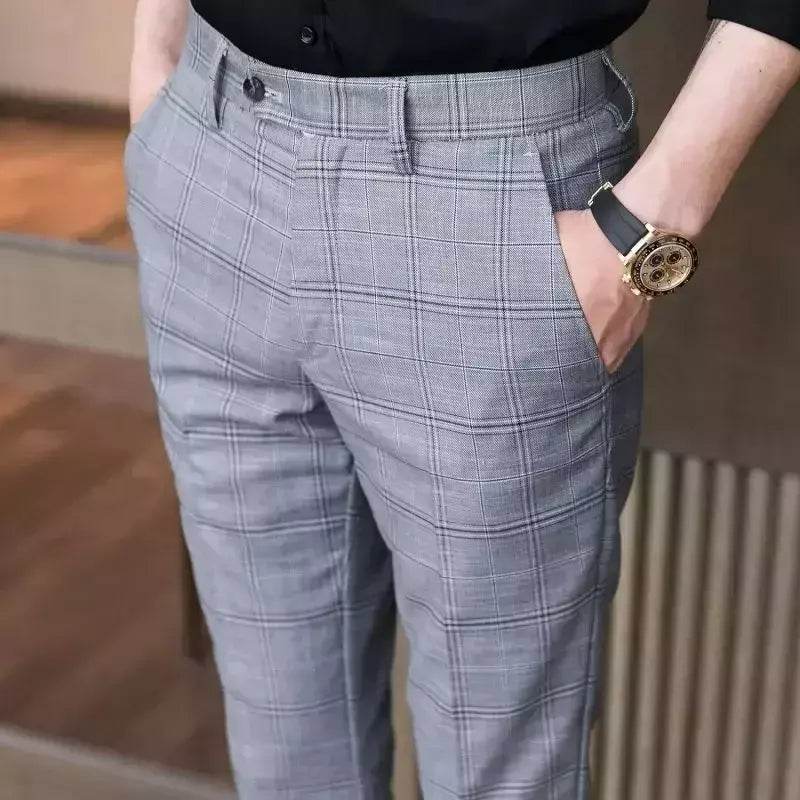 Xadrez masculino anti-rugas calças cortadas, roupas de grife casual, terno masculino reto, verão, fino, barato, designer, cheque, 9