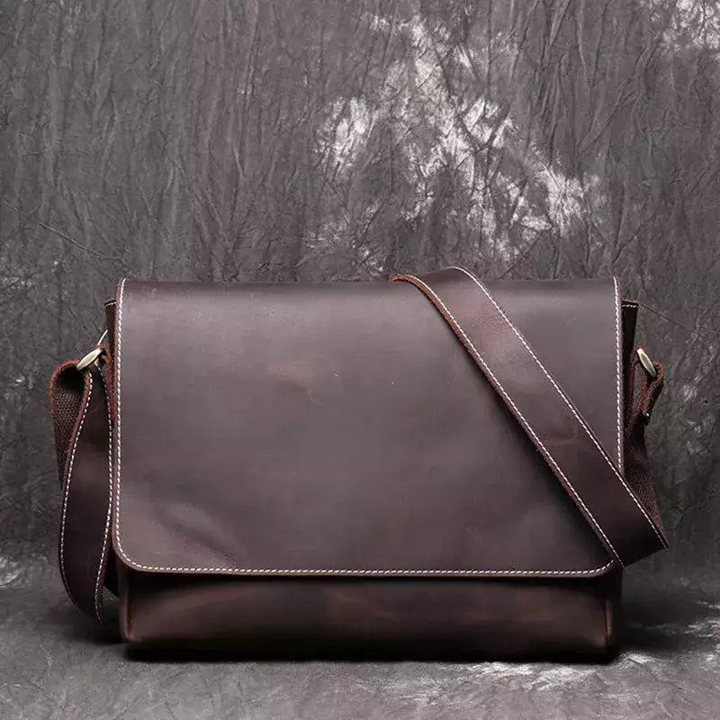 Retro masculino de couro genuíno de um ombro saco de cabeça camada de couro cruz estilo grande capacidade ocasional saco do mensageiro