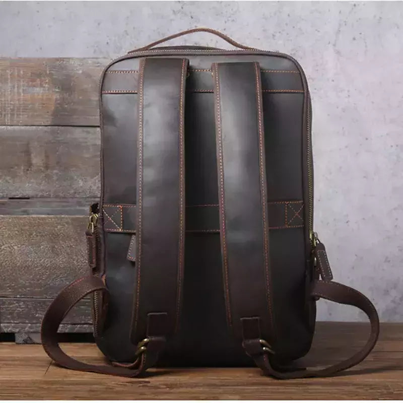 Mochila de couro genuíno para homens, cavalo louco vintage mochila para laptop grande mochila diária mochila de viagem mochila para caminhadas