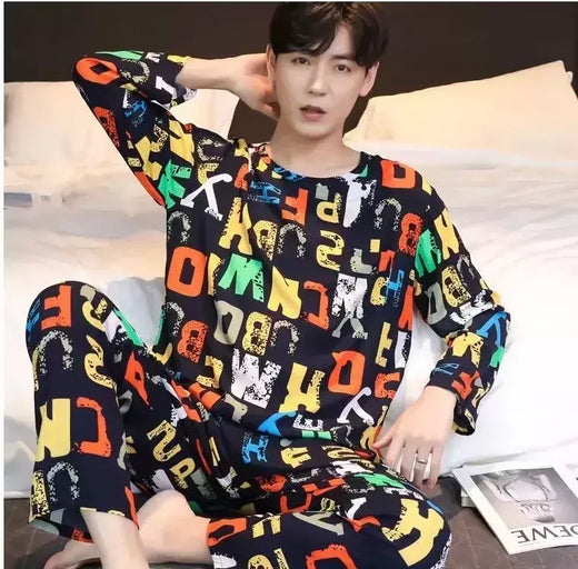 Pijama masculino de manga comprida de duas peças, pijama de seção fina, terno de lazer, tamanho grande, primavera e outono