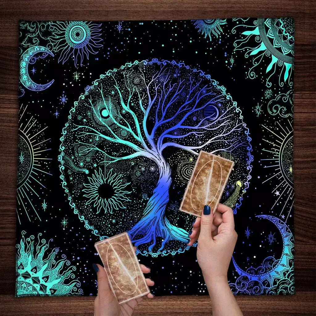 Blue Life Tree Tarot Toalha De Mesa, Tarot Cloth, Capa De Leitura, Feitiçaria, Astrologia, Sol, Lua, Céu Estrelado, Altar
