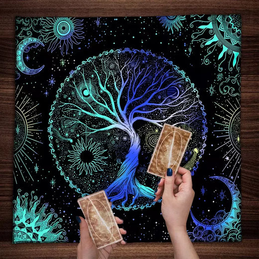 Blue Life Tree Tarot Toalha De Mesa, Tarot Cloth, Capa De Leitura, Feitiçaria, Astrologia, Sol, Lua, Céu Estrelado, Altar
