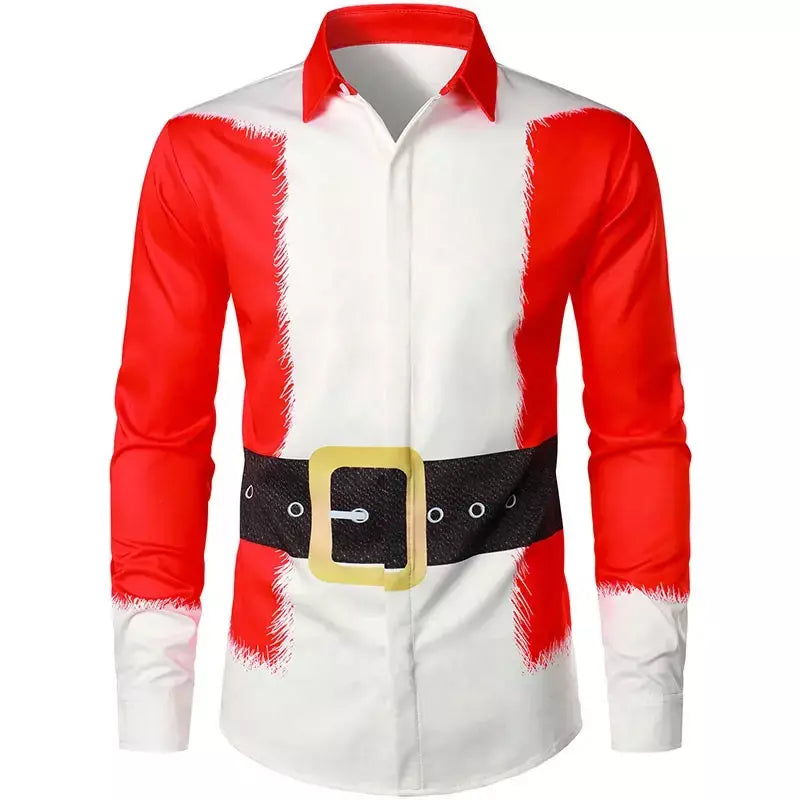 Engraçado feliz natal lapela camisas masculinas papai noel cosplay gráficos camisas de manga comprida, roupas masculinas ternos falsos camisas