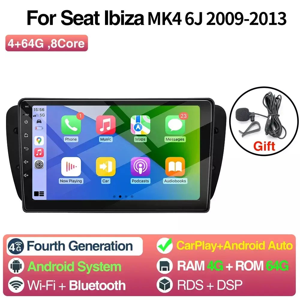 Rádio do carro de android para seat ibiza mk4 6j 2008-2015 reprodutor multimídia carplay android auto gps bluetooth wifi unidade principal do carro 9 polegadas