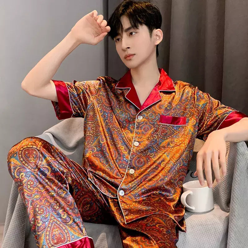 Conjuntos de pijama masculino de cetim de seda manga comprida, pijamas masculinos, camisola estampada, Casa, Soft Cozy Sleepwear Calças, Novo