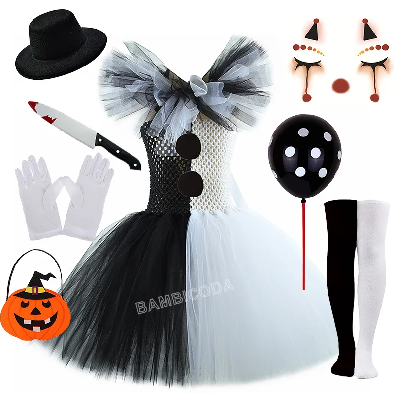 O traje de palhaço terrível arte menina preto branco fantasia tutu vestido horror coringa vestido para meninas trajes de festa de carnaval de halloween