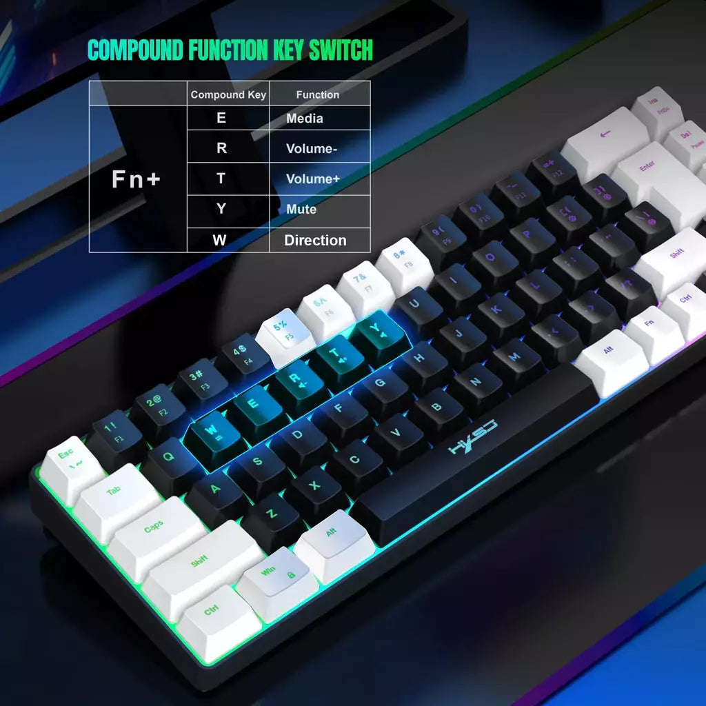 Teclado para jogos com fio USB, 68 teclas, 20 RGB Backlight, Keycaps preto e branco, Windows Laptops, Computador