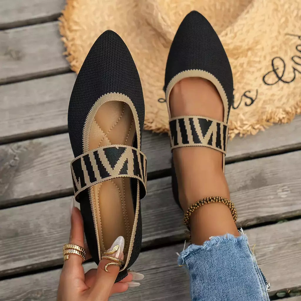 Sapatos rasos de malha com blocos coloridos para mulheres, ballet flats, tiras listradas casuais, dedo apontado, mocassins femininos