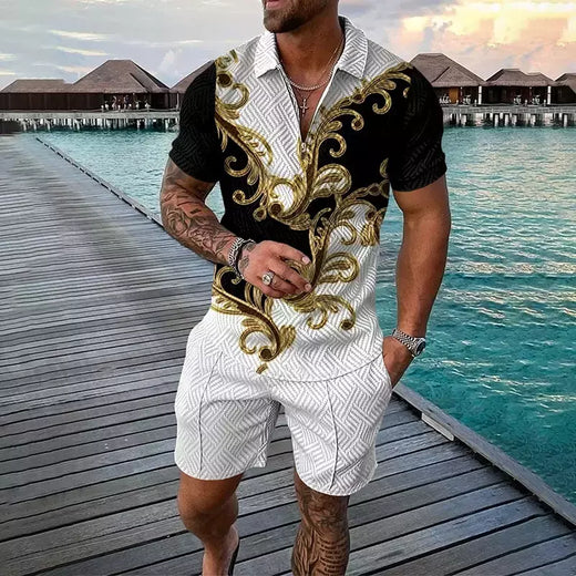 Conjunto de camisa polo e shorts masculino casual de manga curta com zíper gola v, moda verão, 2 peças, 2023