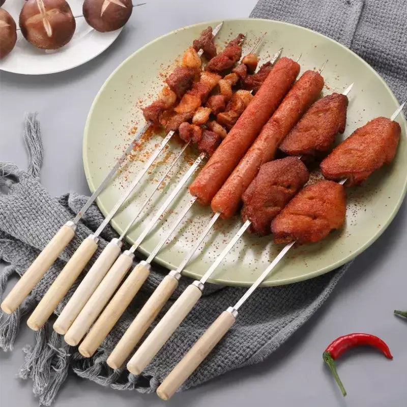 5/10 peças espetos de churrasco anti-escaldante com cabo de madeira podem ser reutilizados 304 espetos de churrasco de metal de aço inoxidável espetos largos