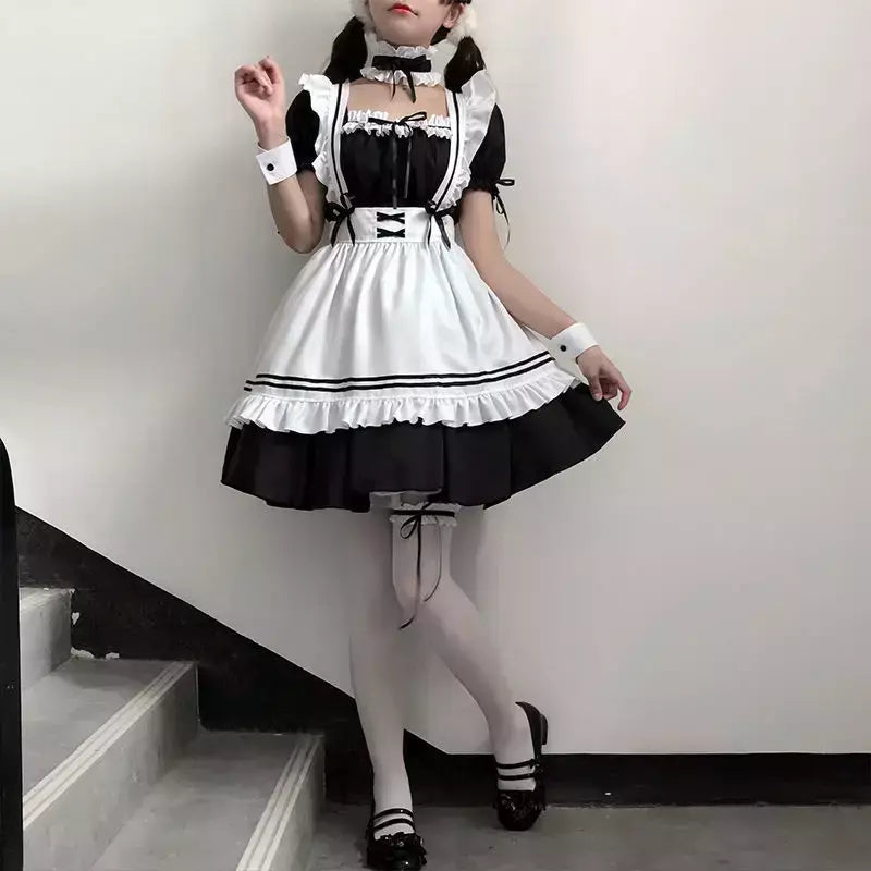 Preto branco lolita empregada traje cosplay trajes bonito vestido sexy avental francês uniforme café empregada festa saia roupas femininas