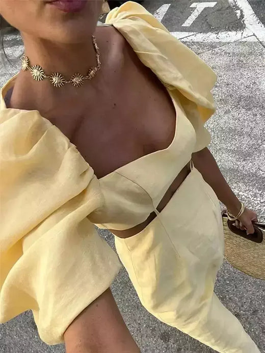Vestido midi elegante e recortado para mulheres, gola quadrada, manga folhada, vestido de fenda para senhora, elegante moda de festa, amarelo, verão, 2024