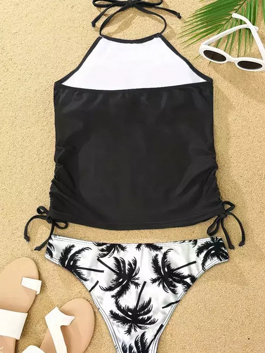 Conjunto de tankini amarrado monocromático feminino, maiô halter, maiô sexy, maiô de praia sem costas, biquíni verão, 2024