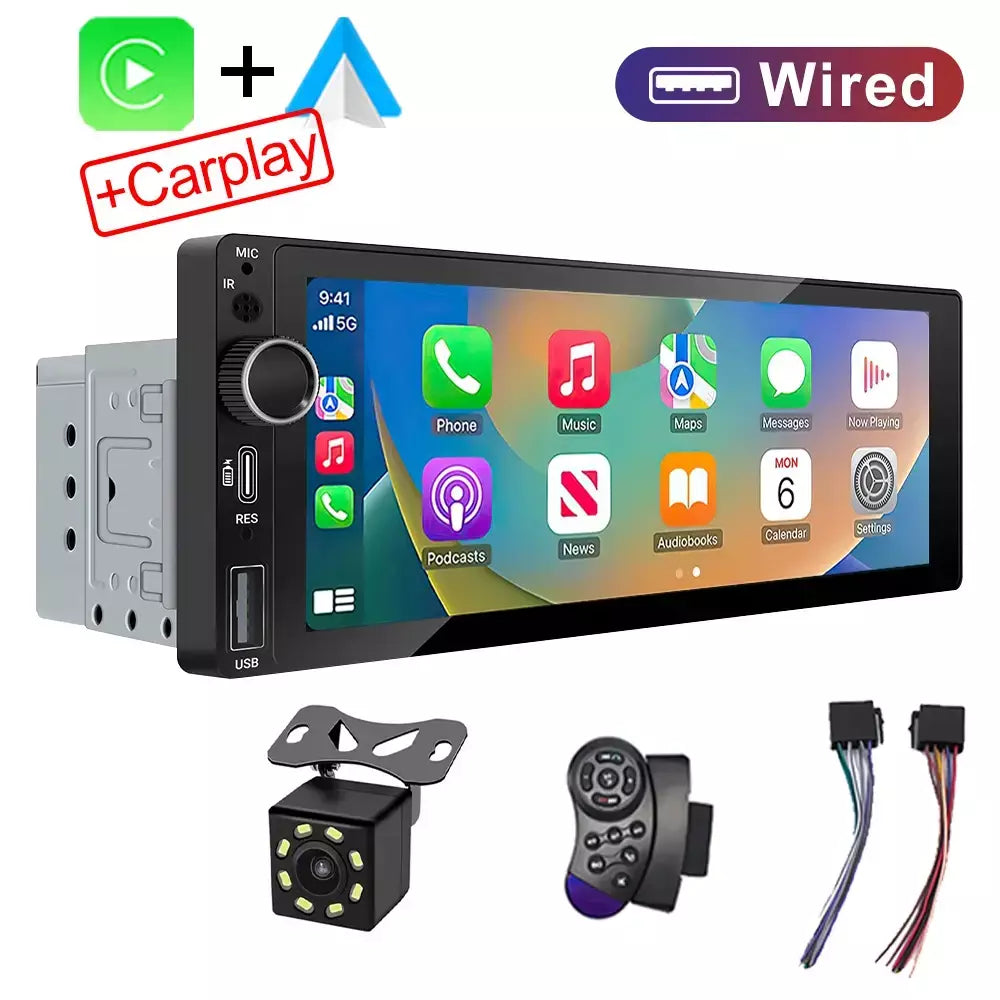 Ips 6.9 Polegada 1din sem fio ou com fio carplay android auto rádio do carro multimídia mp5 player 1 din dvd bluetooth estéreo carregamento usb