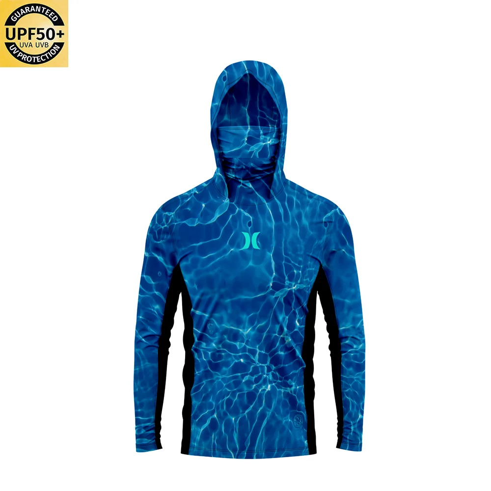 UPF 50 + proteção solar dos homens Hoodie, painéis laterais respiráveis, máscara facial respirável, manga comprida, SPF, ao ar livre, caminhadas camisas