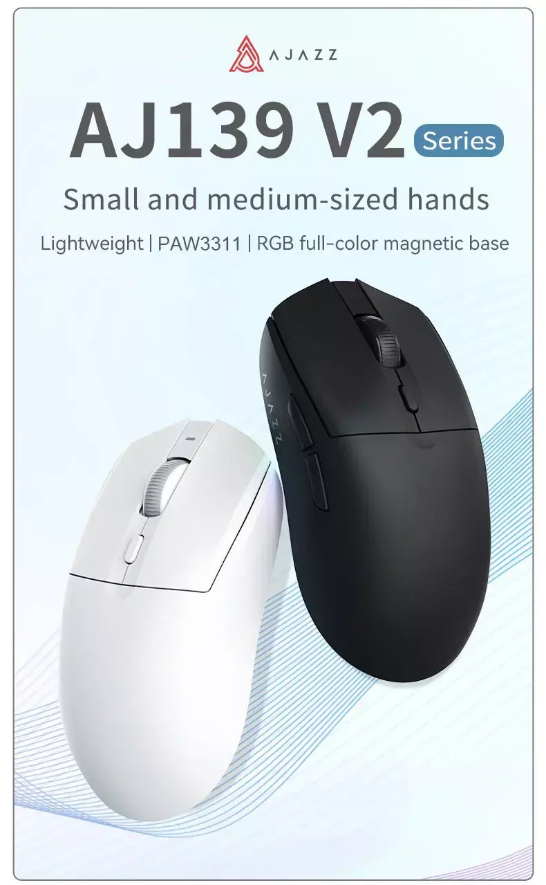 AJ139-V2-MC Tri-mode com fio/2.4GHz/BT Mouse para jogos sem fio com doca PAW3311 Chipset para jogos 12000DPI máx.