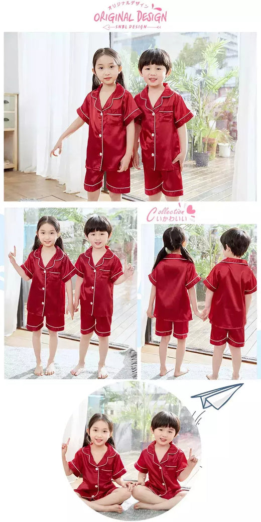 Pijama de seda menino e menina, pijama de seda infantil de 2 a 14 anos, criança pequena, pijama de seda de manga curta, pijama de seda