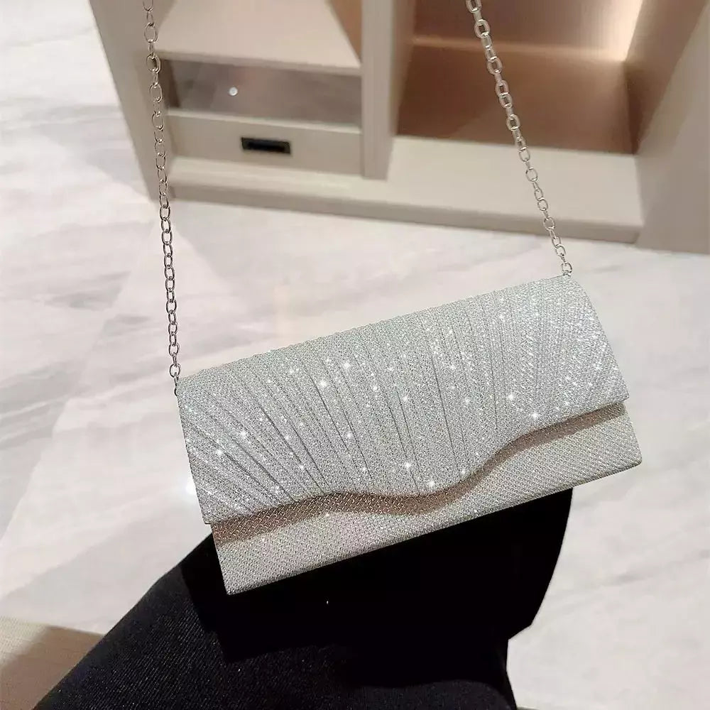 Bolsas de cetim luxuosas para mulheres, bolsa de embreagem banquete lantejoulas, ouro e prata, bolsa para festa de casamento, corrente elegante